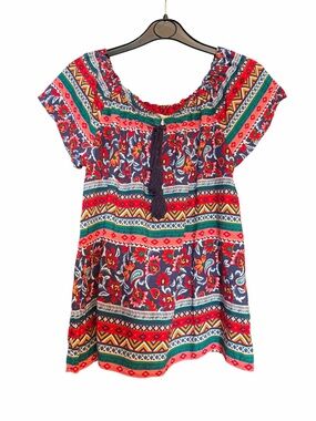 Springfield Colorful Boho Floral Peasant Top - Navy, Red & Green